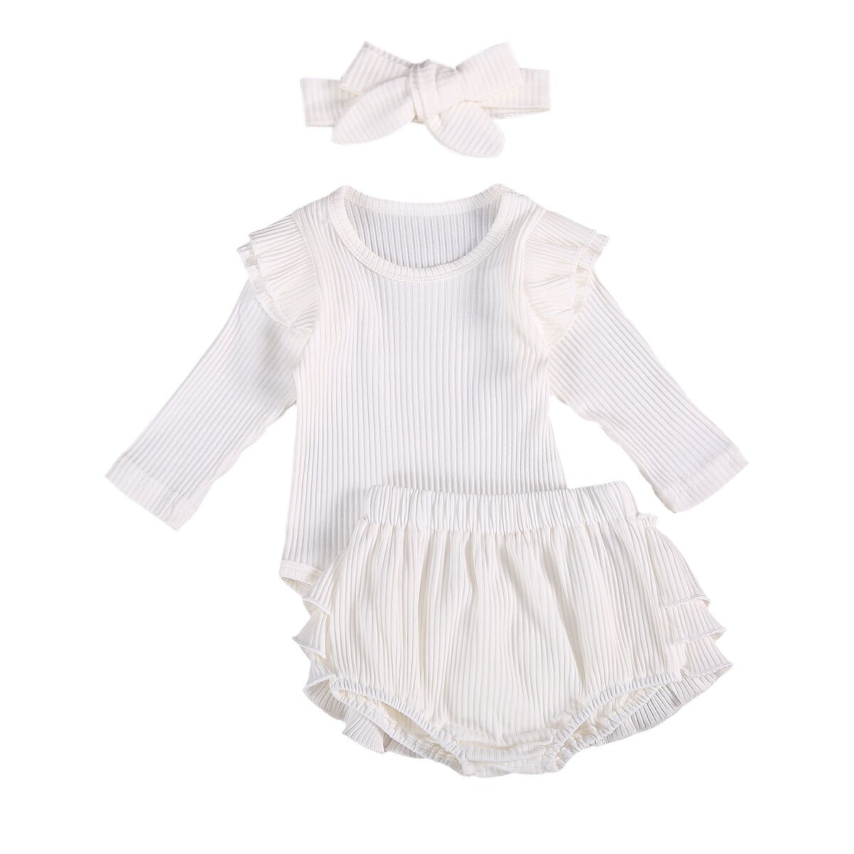 Cathery newborn kledingpak peuter babymeisje effen kleur gerimpelde vliegende mouw romper shirt + broek + strik hoofdband 3 stuks: B / 24m