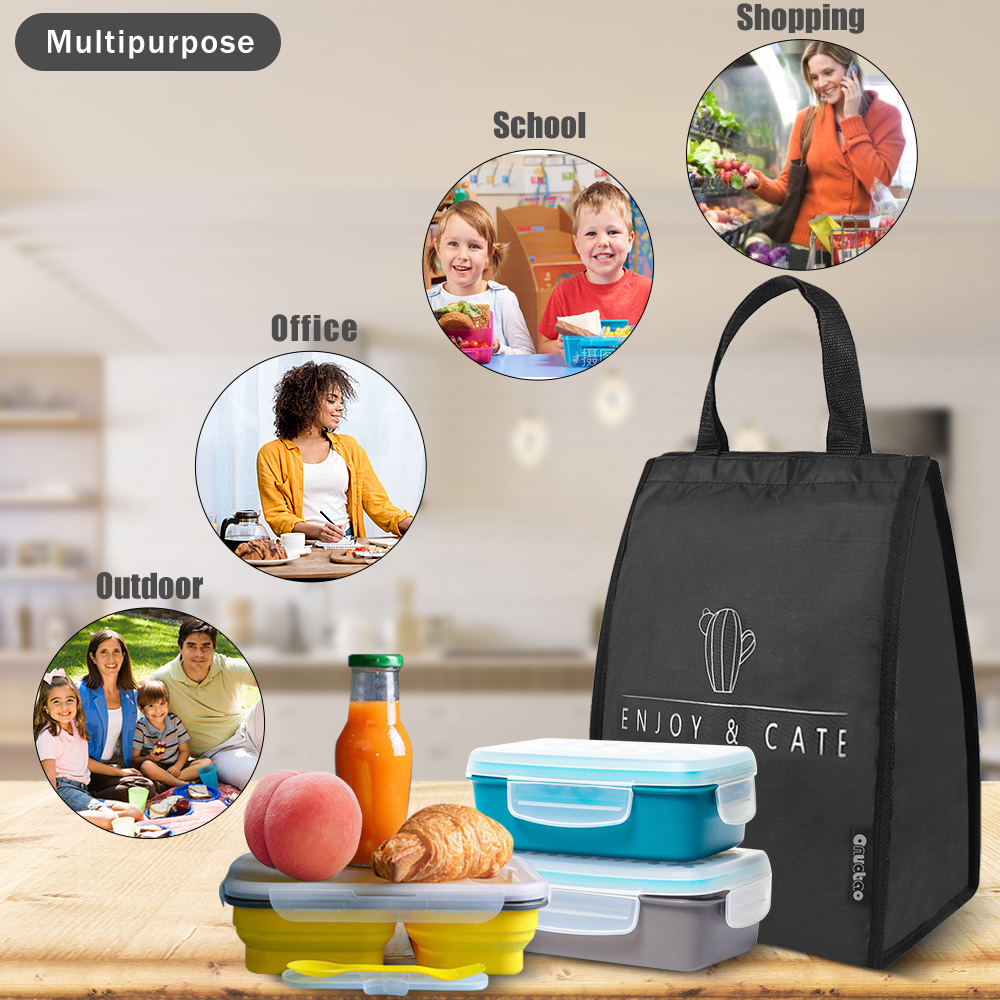 Onuobao Geïsoleerde Lunch Tas Met Water Fles Zak, waterdicht &amp; Cooler &amp; Thermische Zwarte Lunchbox Tas Tote Bento Tas Voor Mannen Vrouwen