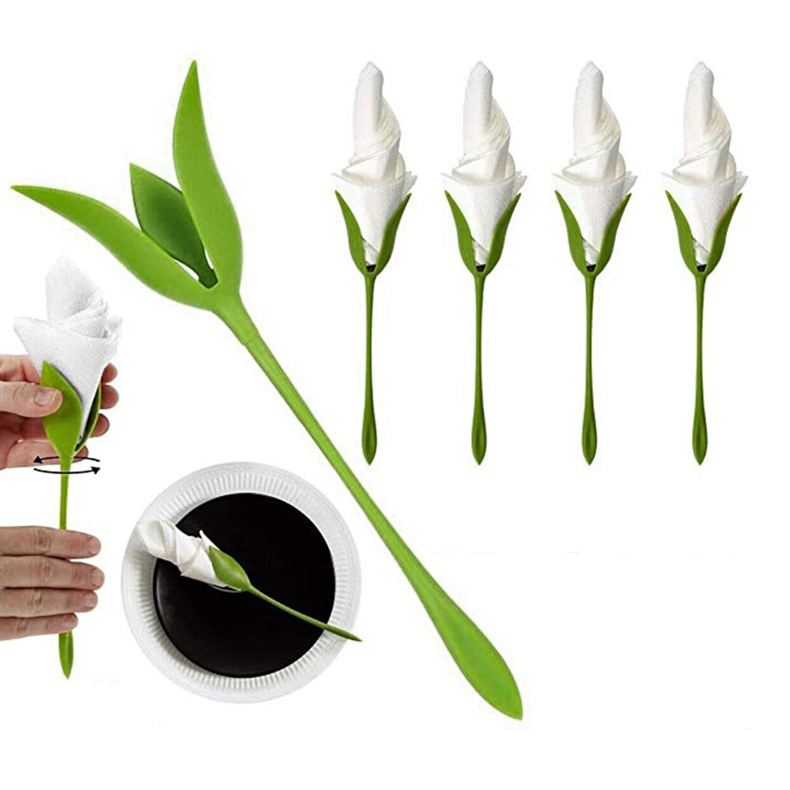 Bloom Napkin Holders Paper Towel Organizer for Tables 4pcs Green Stem Flower Buds Serviette Holders Dinner Tabletop Decorations