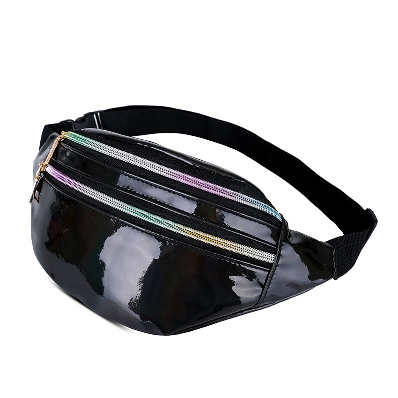Holographic Fanny Pack Shiny Metallic Color Sport Waist Pack Belt Bum Shoulder Bags: Black