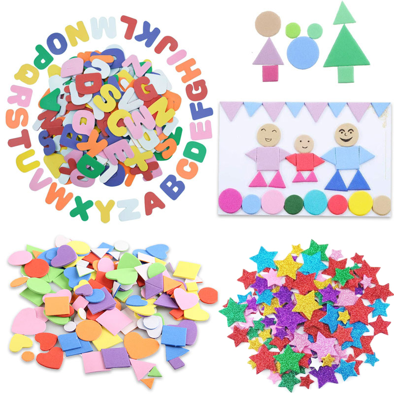 Zelfklevende Mini Geometrie Vorm EVA Foam Stickers Kids DIY Art Craft Glitter Sterren Brief Voorschoolse Stickers Diverse Kleur