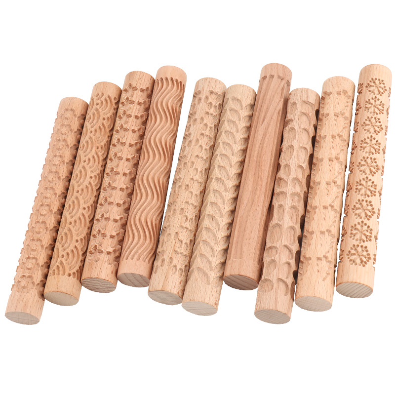 Rodillo de textura de madera para cerámica, herramienta de modelado con relieve de árbol, piedra, patrón de flores, rodillo de barro, escultura de cerámica artesanal