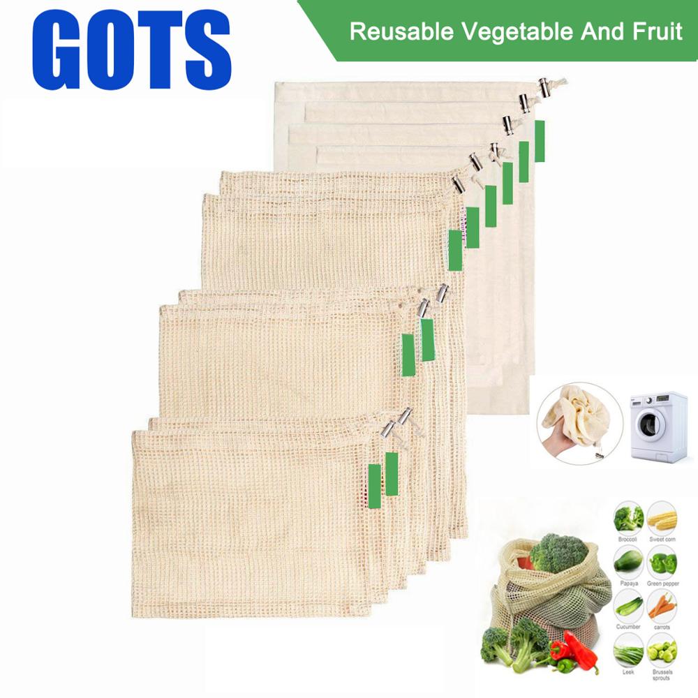 9 stk bomuldsnet grøntsager opbevaringspose til køkken miljøvenlige genanvendelige grøntsags- og frugt økologiske poser med løbebånd
