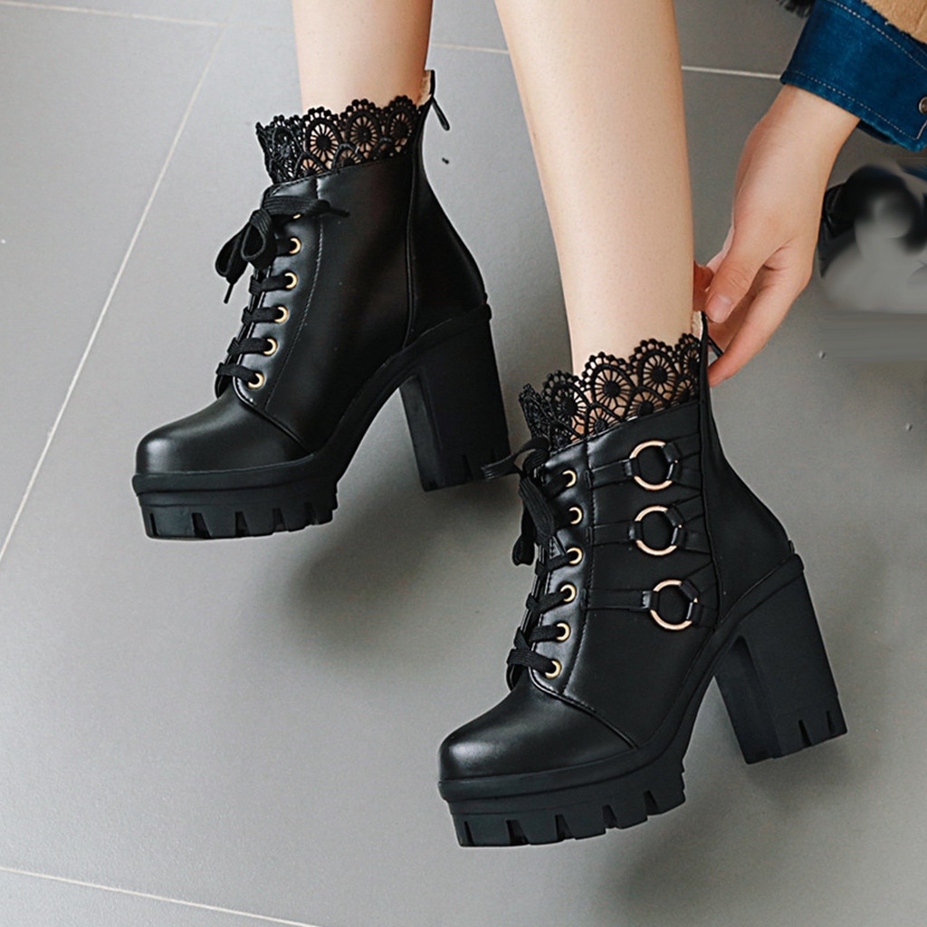 Bota feminina gótica coreana, calçado renda cor pura salto alto moderno inverno sapatos # g4