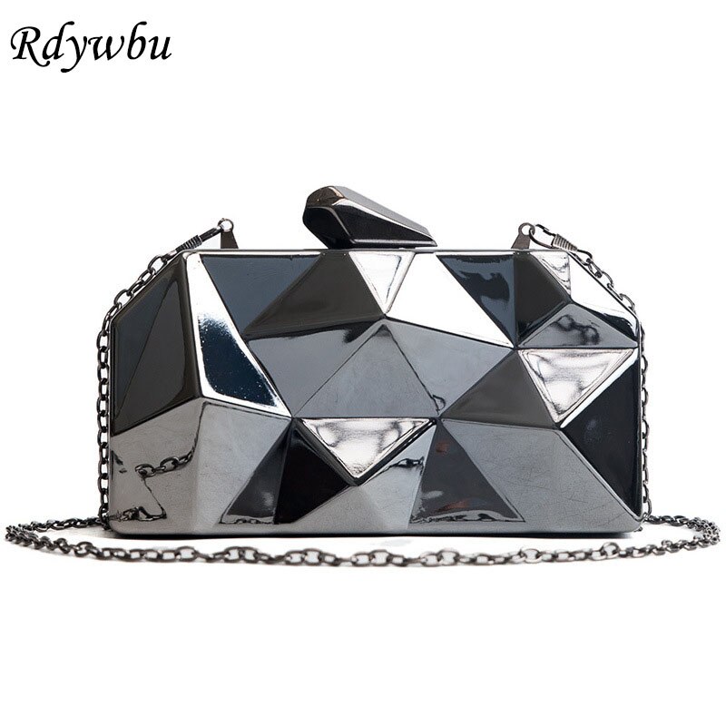 Rdywbu bolsa de ombro metal geométrica, popular, venda quente, bolsa de mão, ouro/prata/preto, corrente de festa, sj147