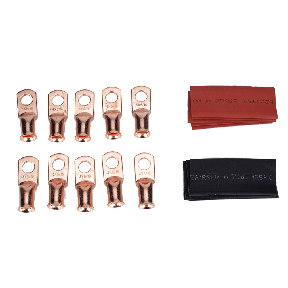10 Set Heavy Duty Copper Battery Cable Ends Wire Lugs 4AWG 5/16 Hole with 2:1 Heat Shrink Tubes