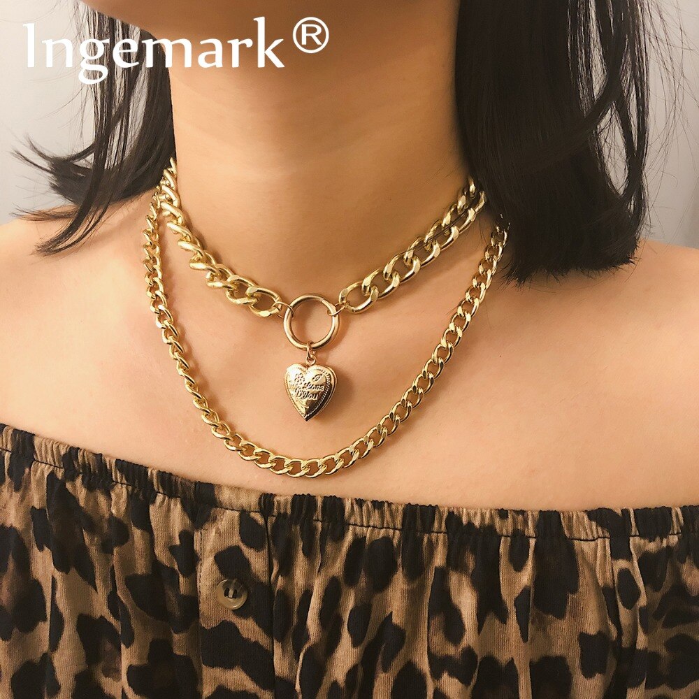 Ingemark Punk Miami Kubanischen Choker Halskette Dicke Kette Europäischen und Amerika Goldene Silber Farbe Herz Anhänger Halskette Frauen Schmuck