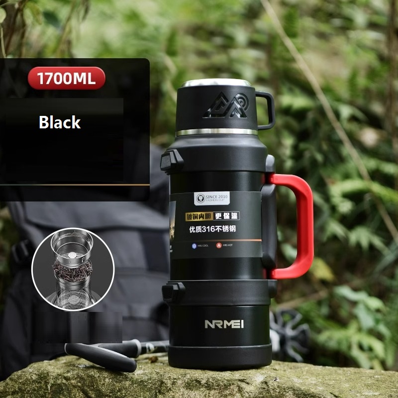 Stainless Steel Insulated Water Bottle with Handle Outdoor Portable Large Capacity Thermos Bottle,Keep and Cold for 72H: black