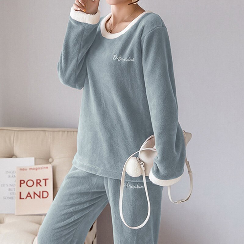 Women Cute Coral Homewear Set Long Sleeve Shirt &Pant Sleep Set Winter Flannel Sleepwear Girl 2PCS Pijamas Suit Nightgown