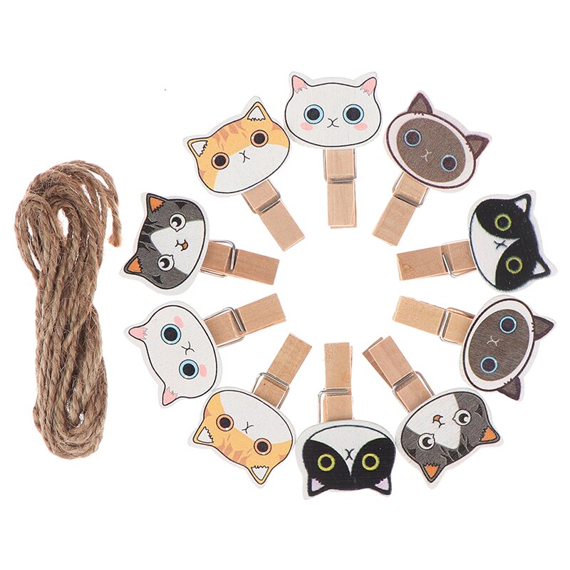 10 stuks/partij schattige cartoonkat schattige houten paperclips / kleine knutselfoto-knijpers