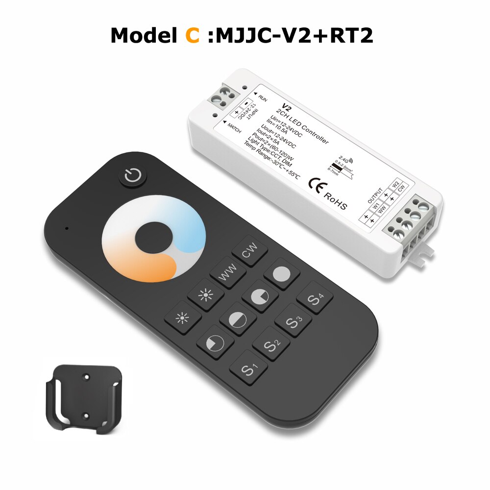 WW CW LED Controller 12 v 24 v 10A 2CH 2.4g Enkele Kleur CCT Licht Strip LED Dimmer Controller RF Draadloze Afstandsbediening met Houder V2: Model C-  V2 and RT2