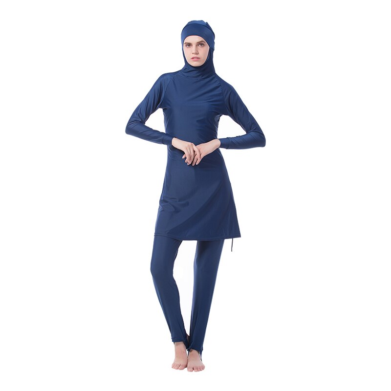 Plus Size Muslim Swimwear Women Modest Full Cover Swimsuit Islamic Hijab Islam Swim Surf Wear Sport Burkinis Beachwear Bathing: Navy blue / XXL