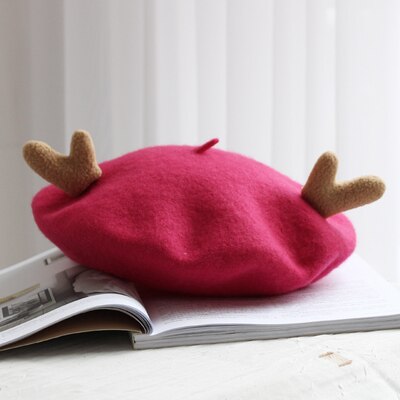 Japanse afdeling complex gubei lei hoed dames herfst en winter zuiver wol mooie gewei kersthoed schildershoed knop baret: Rozenrood