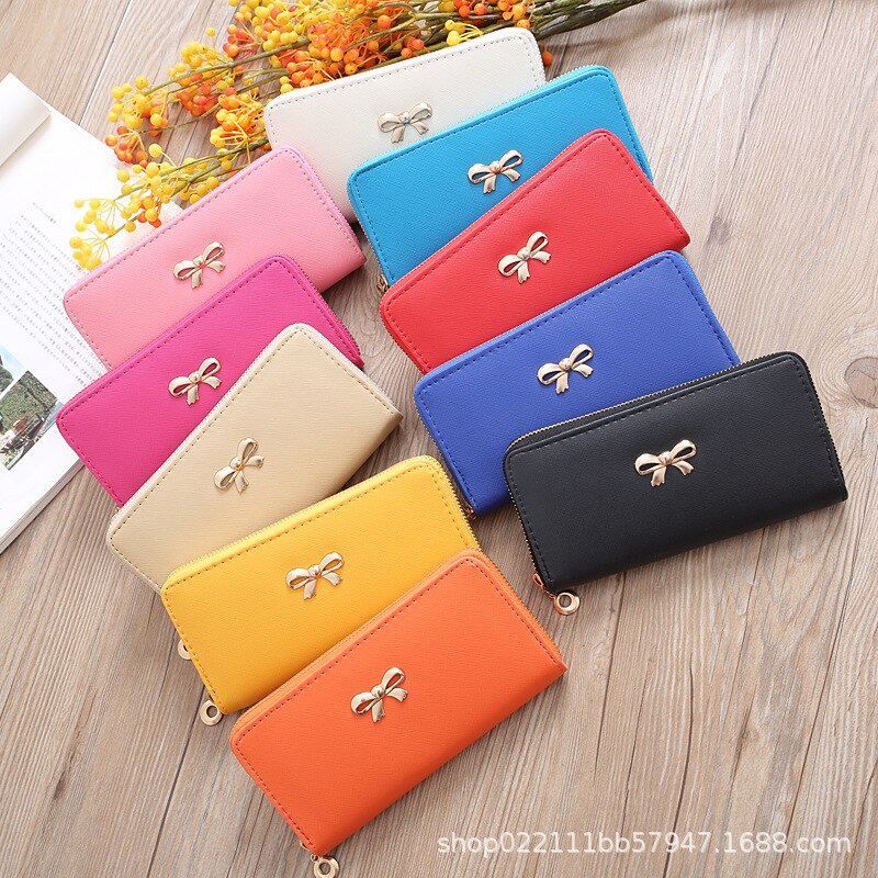 Kaarten Wallet Dames Leuke Strik Vrouwen Lange Portemonnee Effen Kleur Clutch Bag Pu Lederen Portemonnee Telefoon Kaart houder Tas