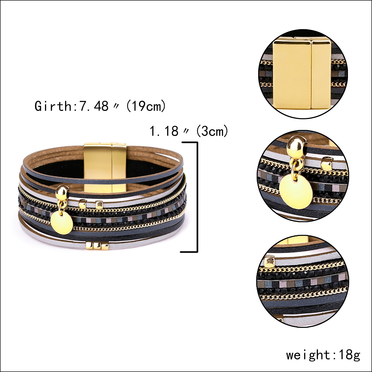 Nouvelle métal disque breloques en cuir Bracelets pour femme mince bandes Boho multicouche large Wrap Bracelet bijoux