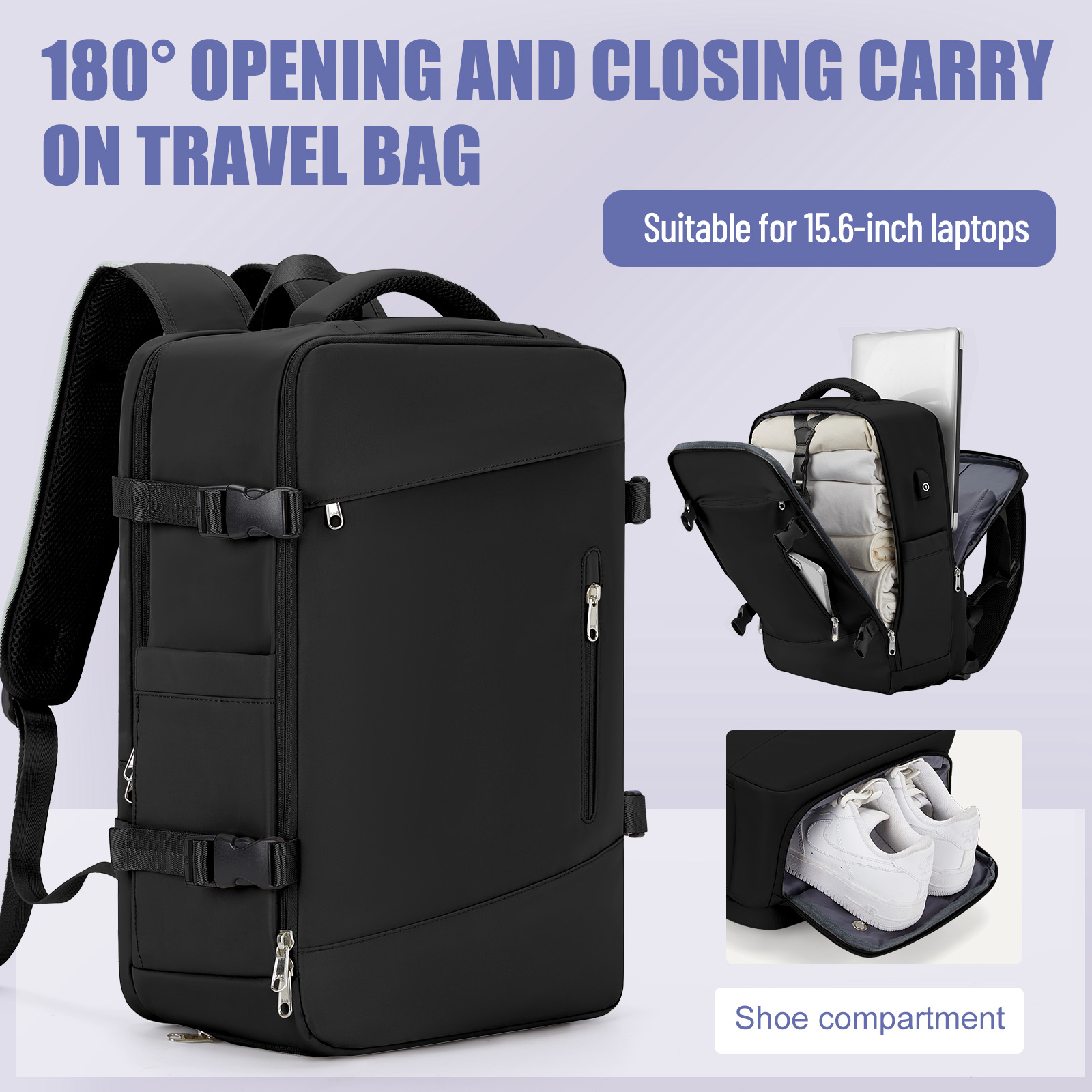 Beste Handbagage Rugzak Vlucht Goedgekeurd, Reis Rugzak Cabine Vliegtuig 40X30X15, Grote Reis Rugzak Voor Vrouwen Mannen: Black