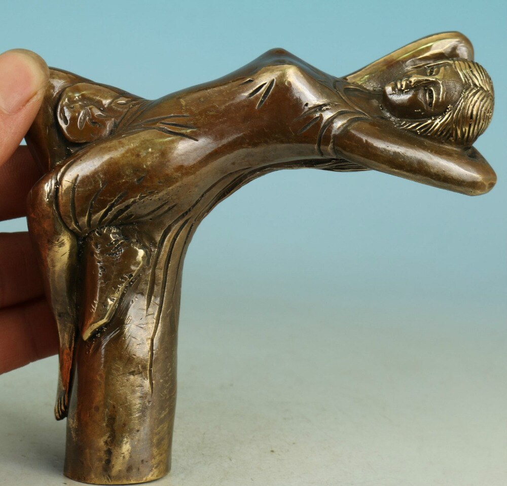 Chinese Oude Bronzen Handgemaakte Gesneden Belle Verzamelen Standbeeld Wandelstok Hoofd