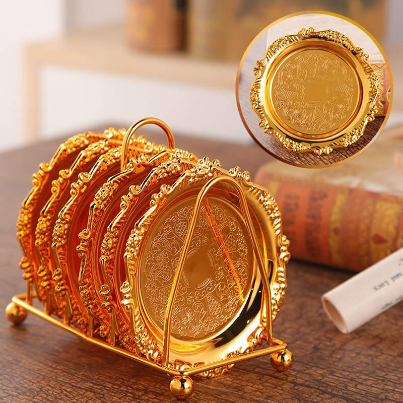6pc Classical Golden Cocktail Metal Coaster Continental Vintage Zinc Alloy Plated Gold Plated Mat placemat diameter 10.5cm: Multilateral golden