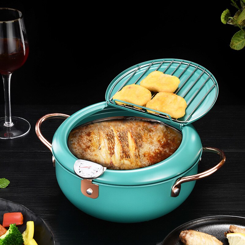 24Cm Japanse Tempura Clamshell Rookloze Friteuse Met Afvoer Rack Temperatuur Display Smart Veilig Pot Thuis Koken Pot Keuken Frye