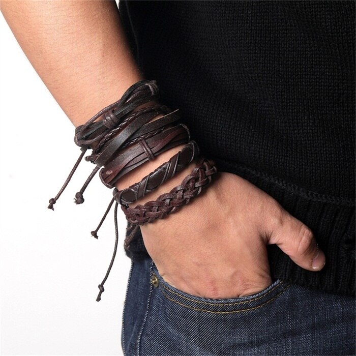 Wood Bead Male Multilayer Leather Bracelet Men Braided Rope Wrap Bracelets Bangles Pulseira Masculina Jewelry Pulsera: S327