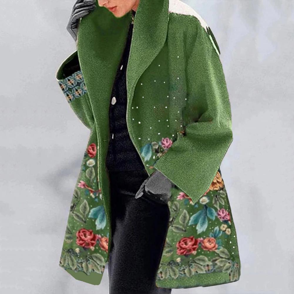 Spring Jacket Flower Print Women's Fall Winter Overcoat with Turn-down Collar Plus Size Mid Length Loose Thick Warm Long