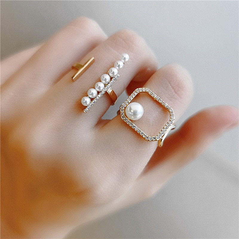 Trendy Stijl Parel En Zirkoon Ring Voor Vrouwen Gesimuleerde Pearl Geometrische Open Ringen Hollow Sieraden