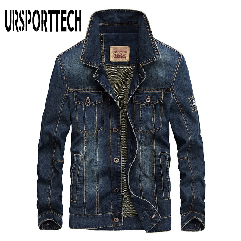 Ursporttech denim jakker mænd frakke mørkeblå casual teenagere denim jakke bomuld turn-down krave lange ærmer denim bomber jakker