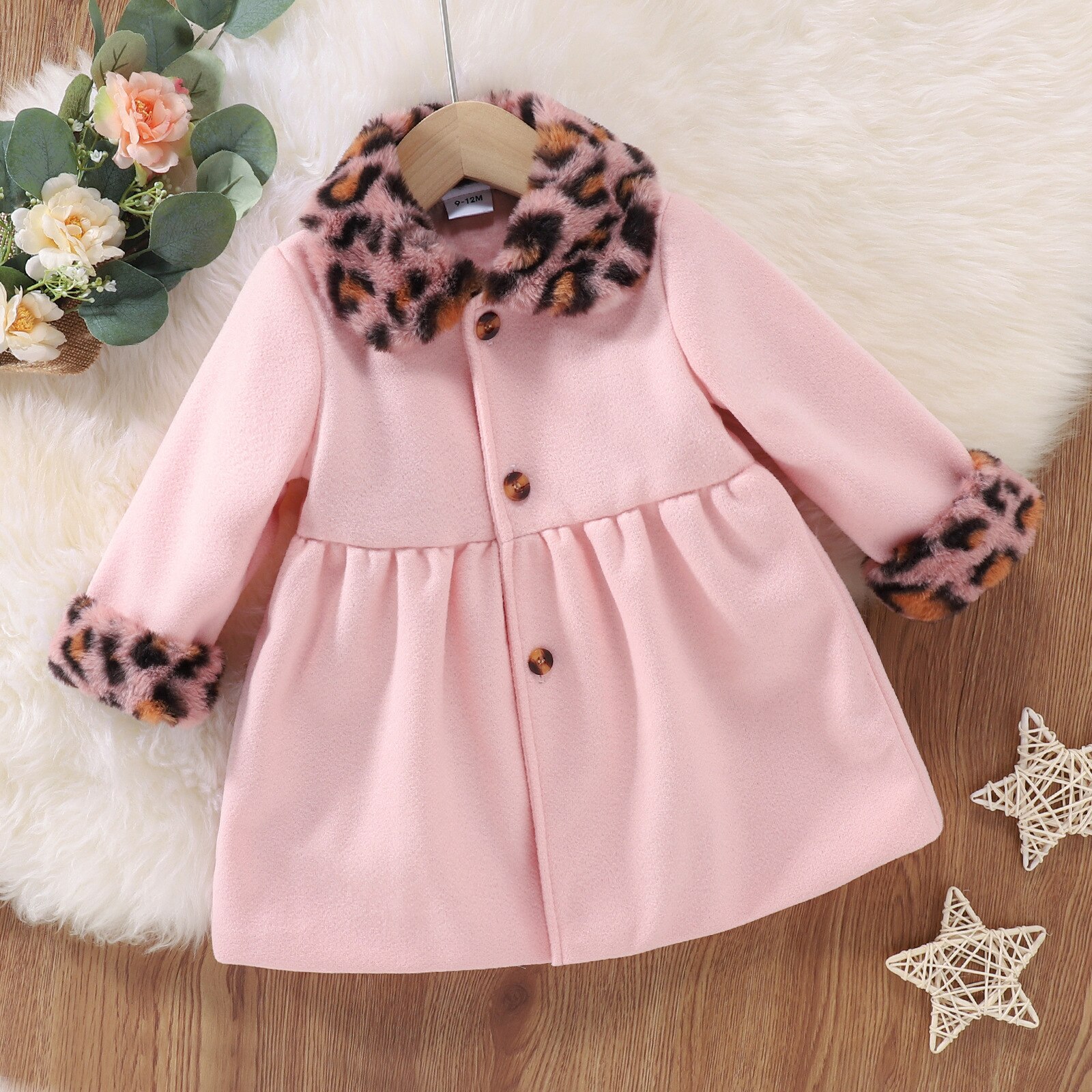 Autunno moda ragazza giacche abiti in cotone giacca per bambini abbigliamento per ragazze collo leopardato Trench lungo in lana: Pink / 12-18M