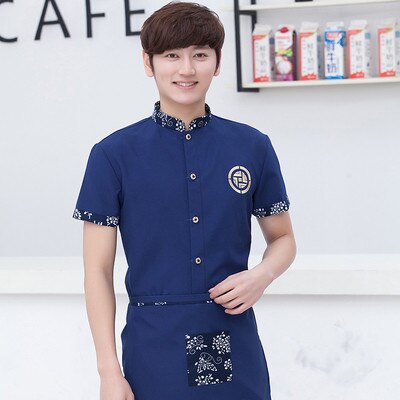 summer uniforms Western Restaurant Waiter Work Wear Short Sleeved Overalls Female Hotel Restaurant Work Clothes: Men blue / XXXL