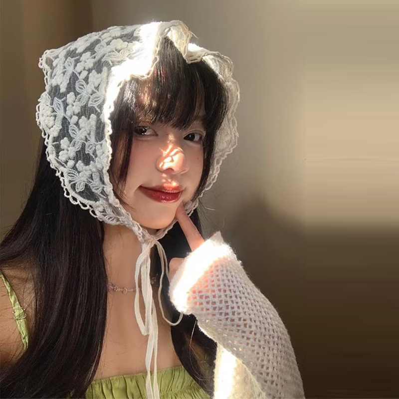 Franse beige bloemenkanten hoofddoek, lief en schattig, landelijke stijl, sjaal voor lente, zomer, kust, bos, foto's, hoofddeksel voor meisjes