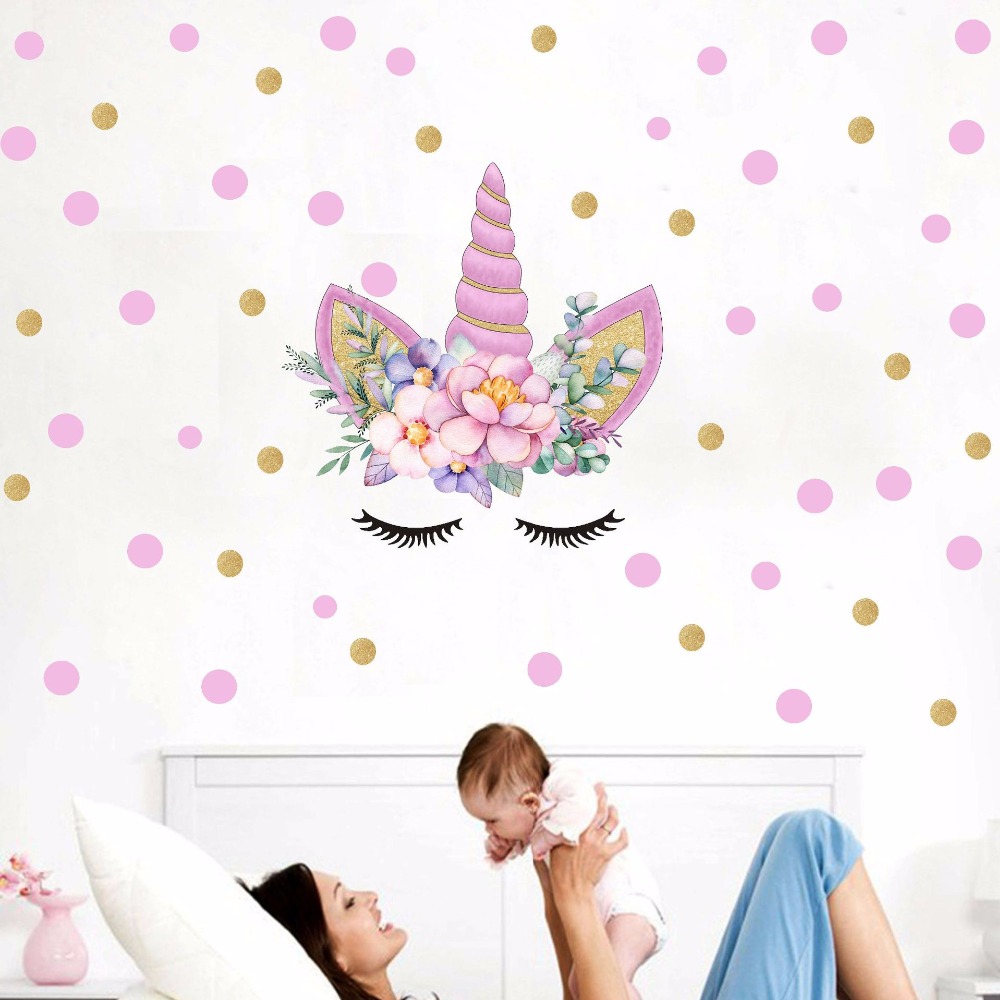 Cartoon Cute Unicorns Pink Gold Dot Wall Stickers ... – Vicedeal