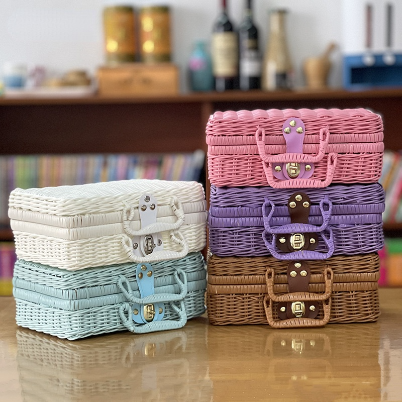Rattan Portable Storage Box Picnic Basket, Photo Prop Box Suitcase Hand Box Storage Basket with Lid, Rattan Box