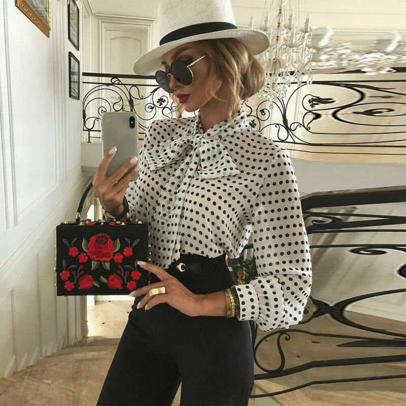 Elegante Vrouwen Stip Blouses Formele Office Lady Bow Tie Lange Mouwen Shirts Mode Puff Mouw Chiffon Blouses Tops