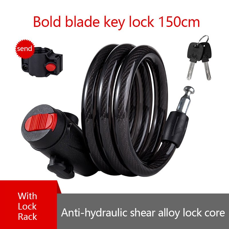 Mountain Bike Bicycle Lock Electric Stainless Steel Password Fixed Portable Anti-Theft Steel Wire Chain Lock: Rough blade key lock 150cm with lock rack  black