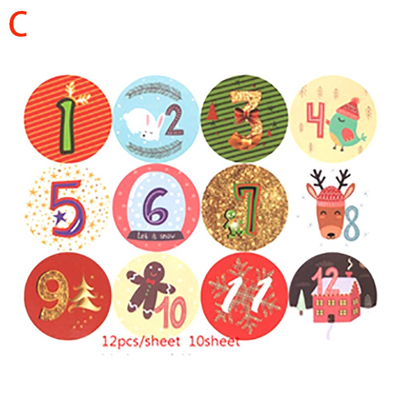 10 vellen kerstetiketten adventskalender, nummerpapierstickers, ornamenten, koekje, snoep, doe-het-zelf kerststickers, zelfklevende verpakkingsstickers: C