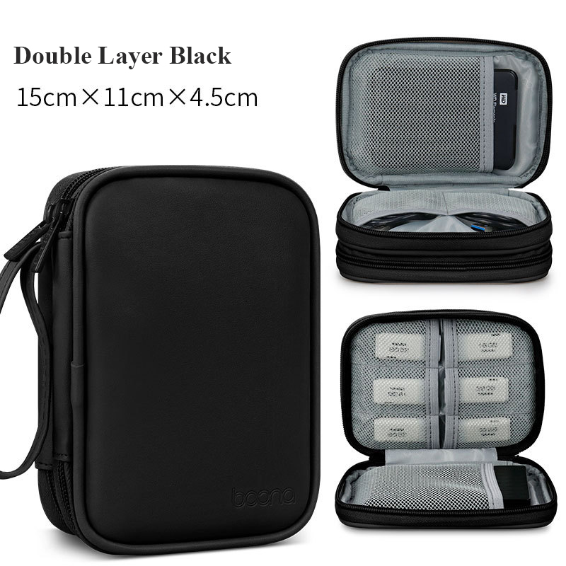 Dual PU Leather External Hard Disk Organizer Bag Single Layer 2.5 inches Hard Drive Protective Case Portable Power Bank Bag: Dual Black