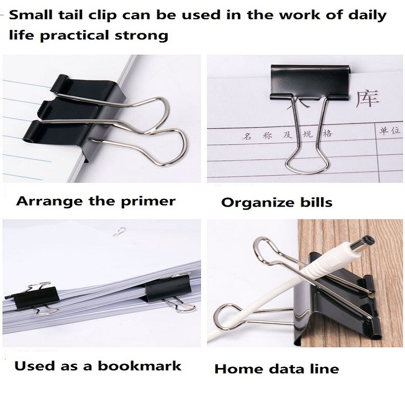 50PCS Metal Paper Clip Foldback Metal Binder Clips Black Grip Clamps Paper Document Office School Stationery Multi-Life Artifact