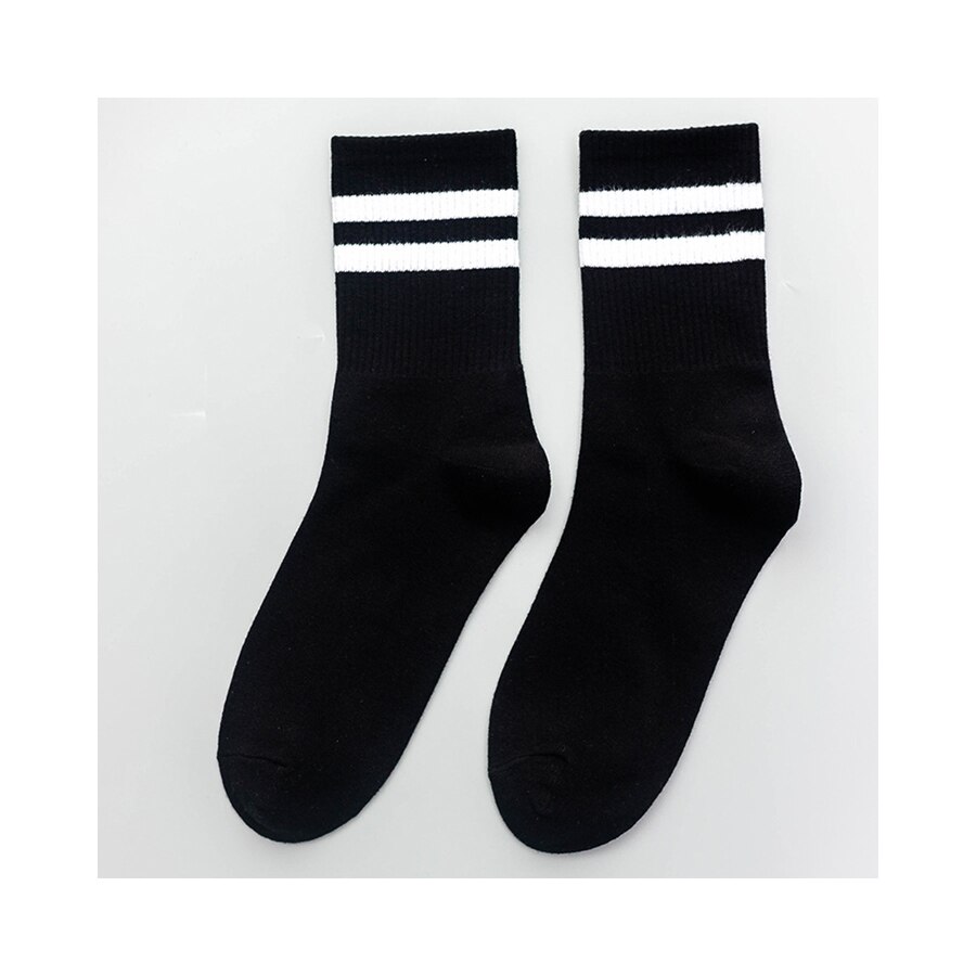 Calcetines blancos y negros de algodón para mujer, calcetines informales a rayas de Color liso, calcetines de espesor estándar para primavera, verano y otoño, talla 36-40: Black stripe