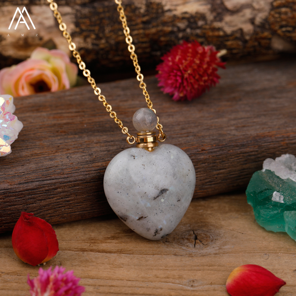 Arco-íris labradorite garrafa de óleo essencial perfume garrafa pingente colar moda feminina coração gem pedra jóias presente dropship: Arma preta folheada