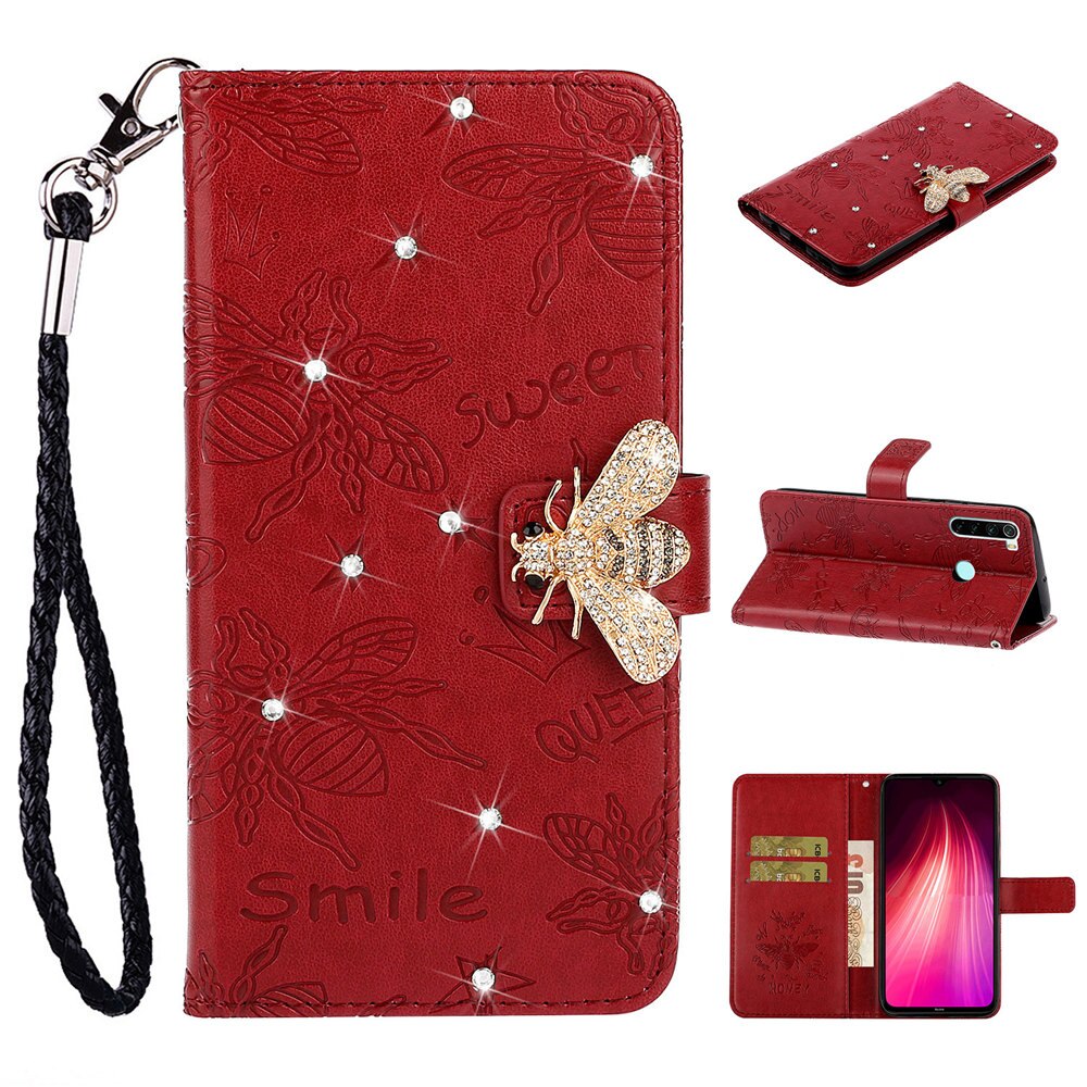 Bee Rhinestone Diamond Book Case Cover for Xiaomi Redmi 7 7A Note 7 8 Pro Luxury Flip Glitter Shell With Hand Rope