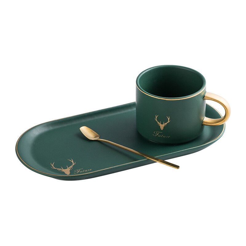 Europese Luxe Gouden Rand Keramiek Koffie Kopjes En Schoteltjes Lepel Sets Met Geschenkdoos Thee Sojamelk Ontbijt Mokken Dessert plaat