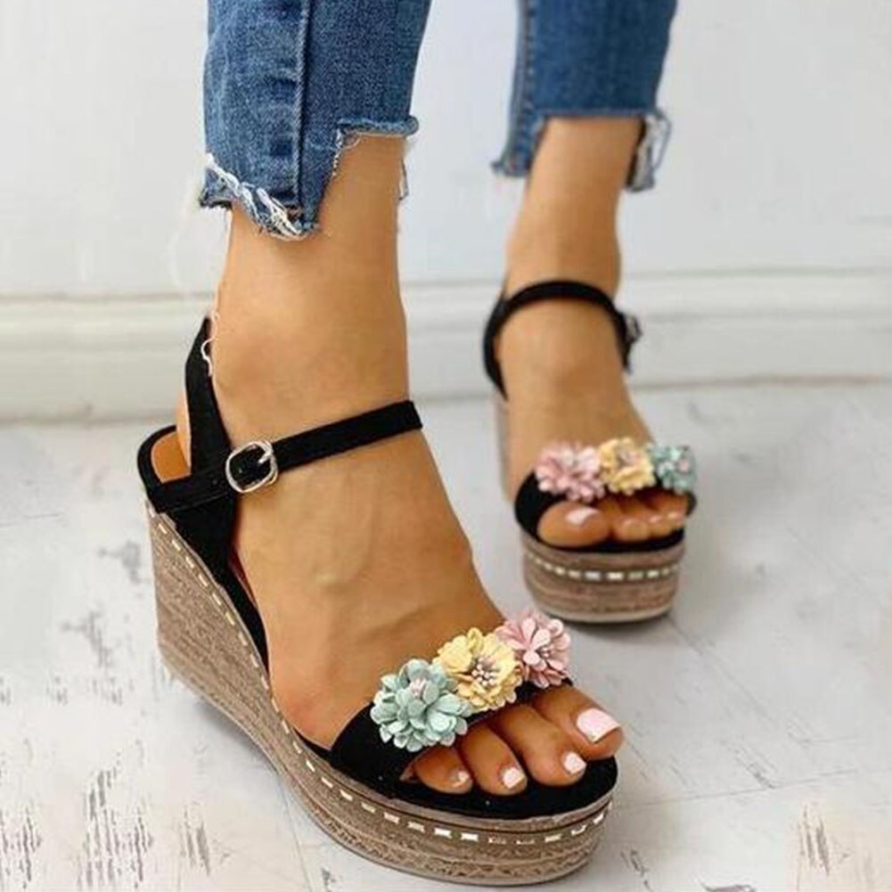 Karinluna Wiggen Hoge Hakken Leisure Bloemen Comfortabele Platform Zomer Sandalen Vrouwen Schoenen Vrouwelijke: Black / 7.5