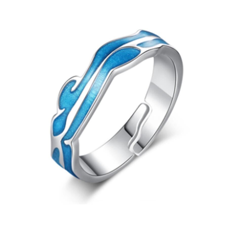 Sole Memory Blue Glaze Wave Couple Ring Sweet Romantic 925 Sterling Silver Female Resizable Opening Rings SRI454: Male