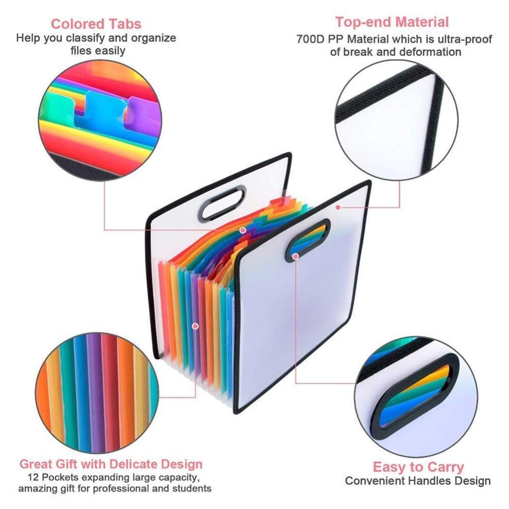 Accordion Expanding File Folder A4 Paper Filing Waterproof document bag 12 Pockets Rainbow Coloured Portable Receipt Organizer