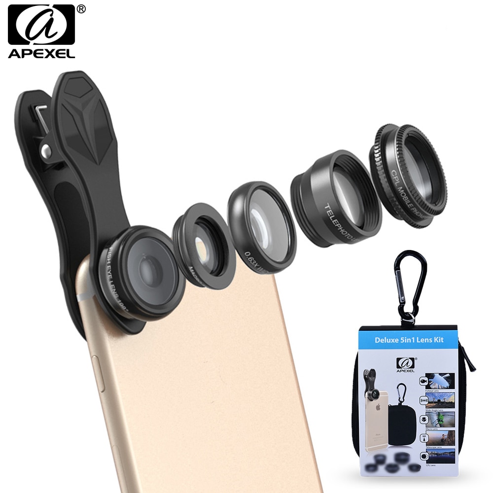 Apexel 5 In 1 HD Phone Camera Lens Kit Fisheye Lens+0.63x Wide Angle+15x Macro Lens+2X Telephoto Lens+CPL Lens for IPhone