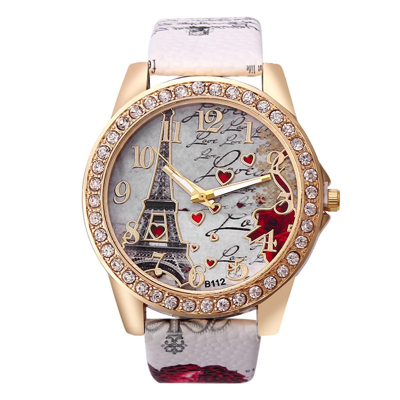 Vintage paris eiffel tower ure luksus læder kvinder quartz ure dame piger dame casual armbåndsure: 159848 hvide