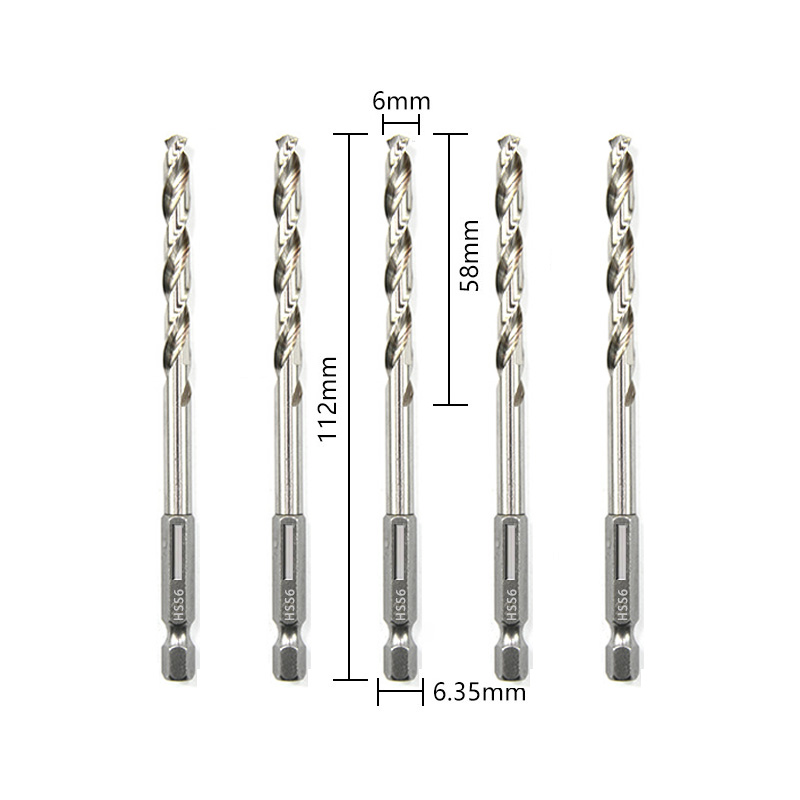 Broca helicoidal de acero de alta velocidad HSS, vástago hexagonal de 1/4, mango Hexagonal de repuesto, herramienta eléctrica de acero de 3/4/5/6/8/10mm, 5 uds.: Plata