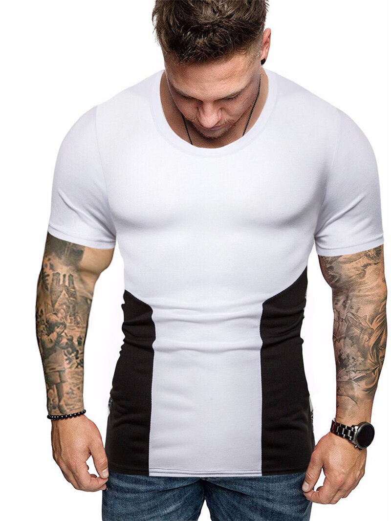Nuevas camisetas ajustadas de retales para hombre, camisetas de compresión, camisetas de culturismo, camiseta de manga corta con cuello redondo para Fitness