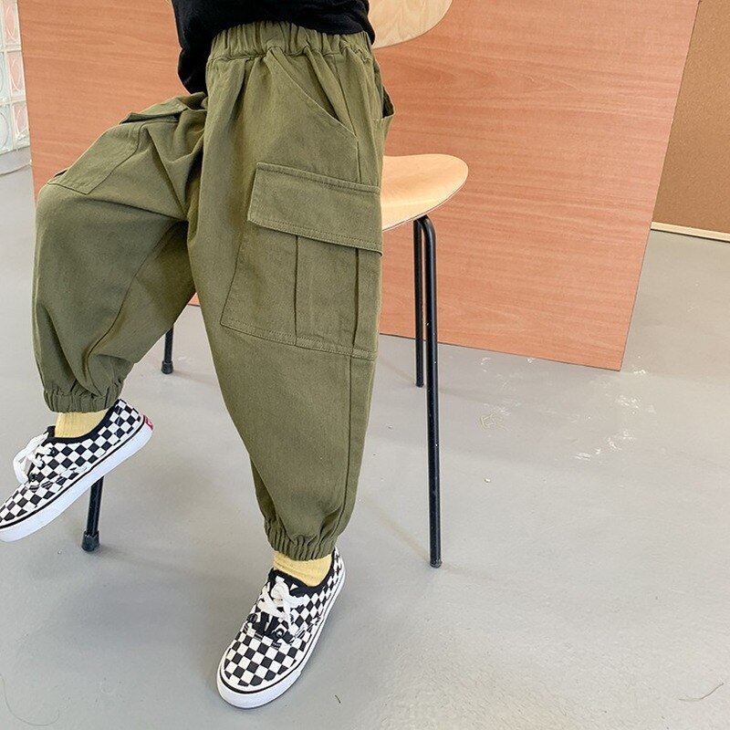 Boys cotton 3 colors side pocket cargo pants Kids all-match loose casual trousers