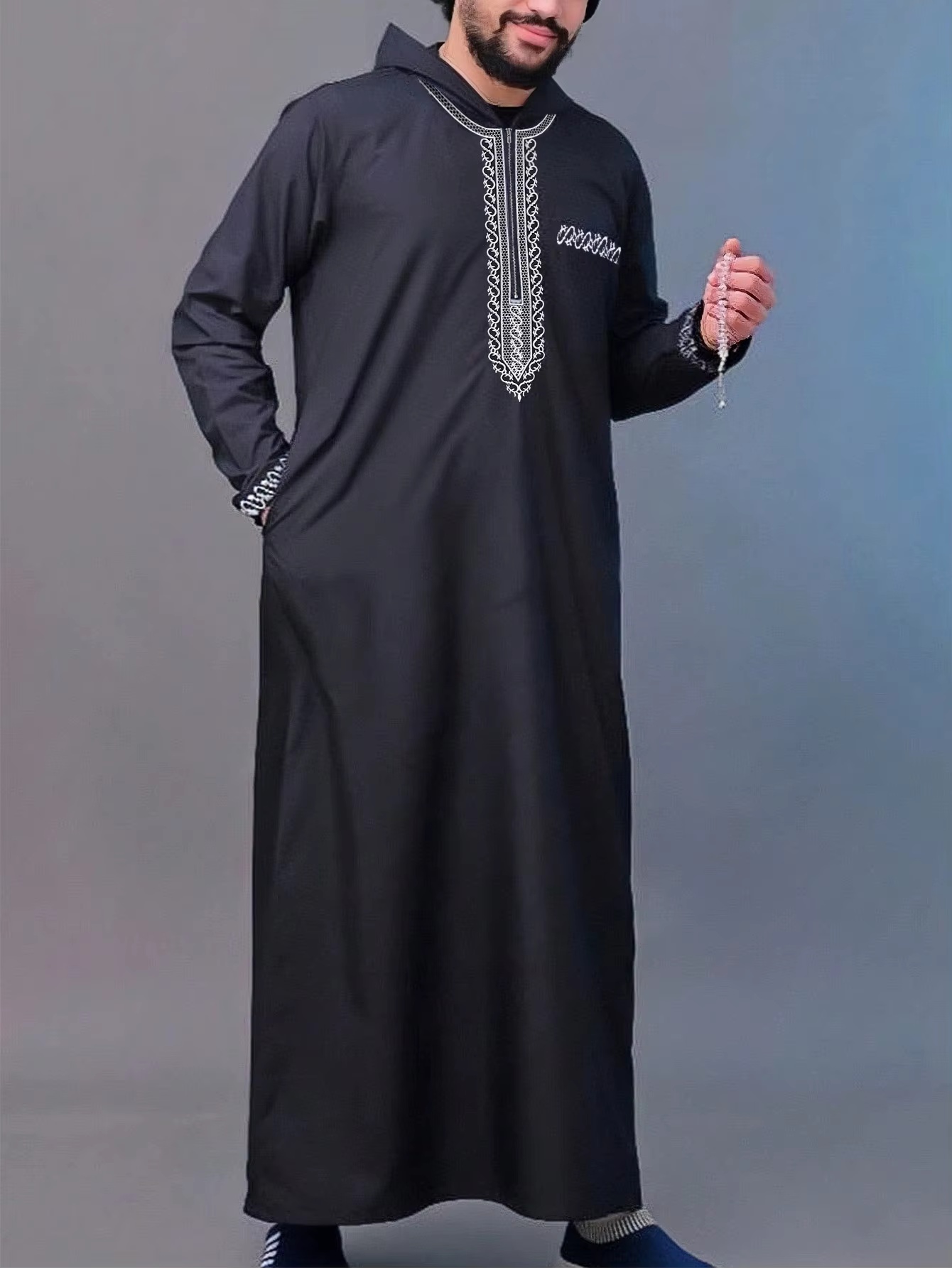 Moslim herenjas met capuchon, modieuze luxe retro etnische stijl geborduurd herengewaad, eenvoudig casual dagelijkse aanbiddingsgewaad